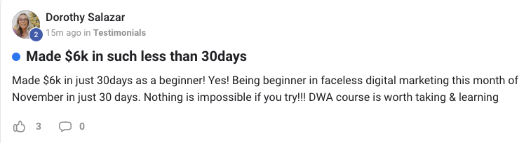 Dorothy Salazar – $6K in first 30 days as a beginner